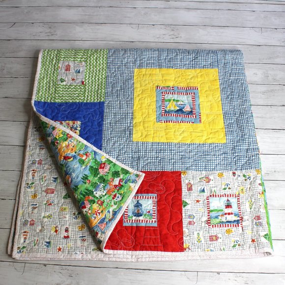 Vintage Handmade Patchwork Quilt Cotton Beach Ocean Seaside Theme - Picture 2 of 15